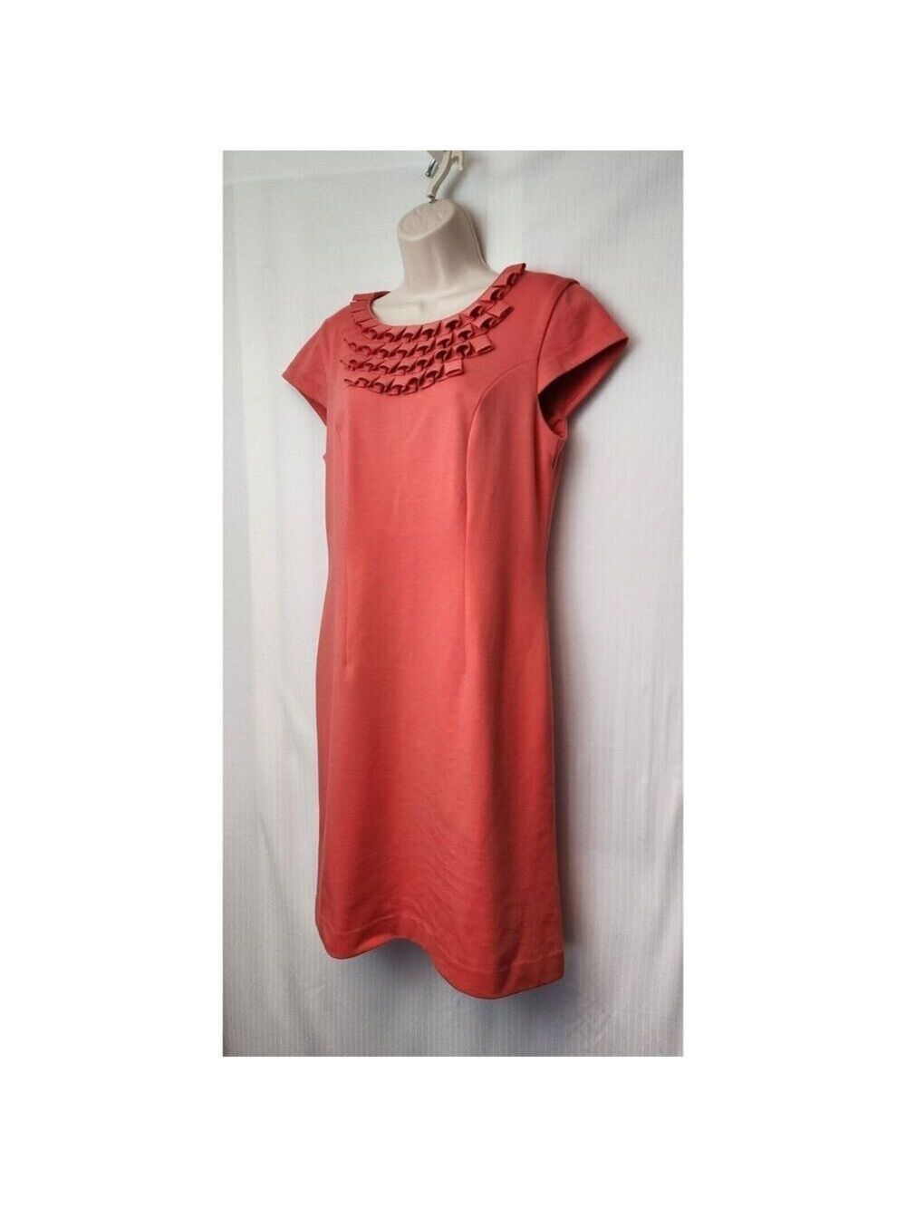 Adrienne Vittadini Ponte Coral Salmon Loop Pleat Neck Sheath Dress Size 10 - Picture 5 of 9